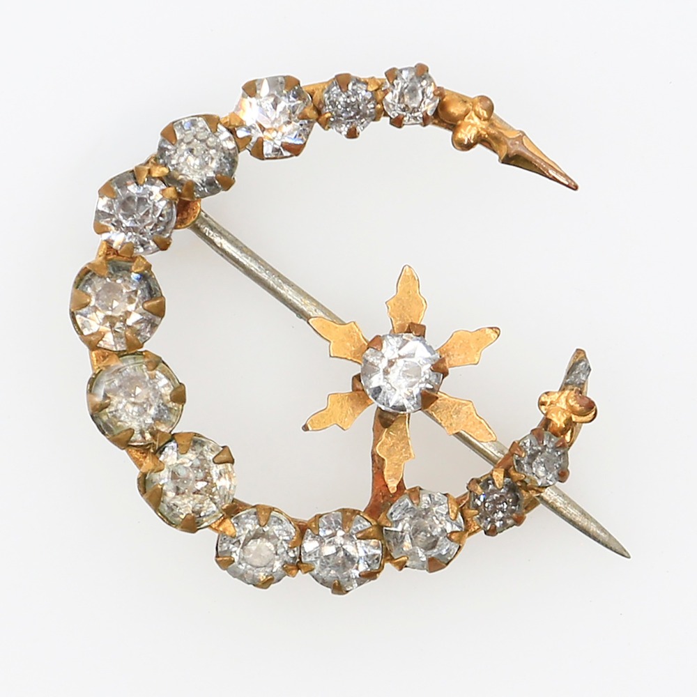 Antique Victorian/Edwardian Rhinestone Crescent Moon Star Celestial Brooch 1900s